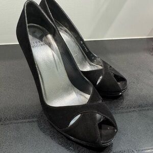 Stuart Weitzman Black Suede & Patent Leather Stiletto Peep Toe